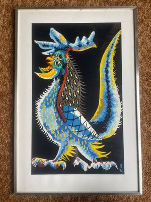 a painting of a blue dragon with yellow and red feathers