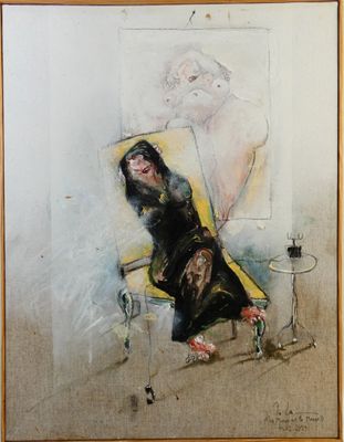 painting of a woman sitting in a chair in a room