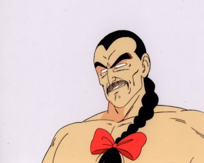 animation cel of a man with long hair and a bow tie
