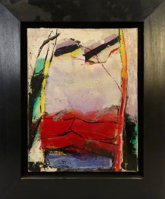 an abstract painting of red, white, and blue in a black frame