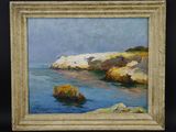 une peinture à l'huile représentant une côte rocheuse avec des rochers et un plan d'eau