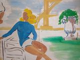 a painting of a woman sitting on a bench next to a potted plant