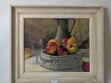 a painting of apples and pears in a bowl on a table