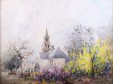 une peinture à l'huile représentant une église avec une tour d'horloge à l'arrière-plan
