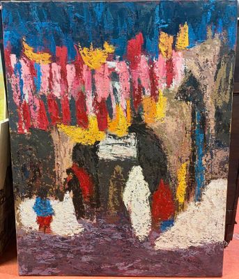an oil painting of a group of people standing in front of a building