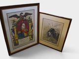 two framed pictures of a man and a dog on a white background