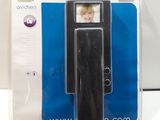 a black cell phone with a picture of a woman on it