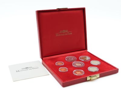 a red box with six coins and a card in it
