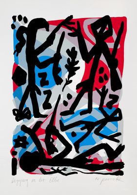 un tableau représentant un groupe de personnes sur un fond rouge, blanc et bleu