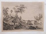 an old drawing of a village with a bridge over a river