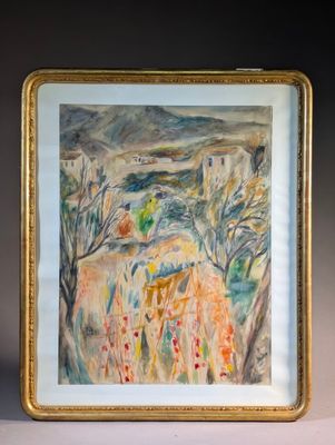 painting of a landscape in a gold frame on a white surface