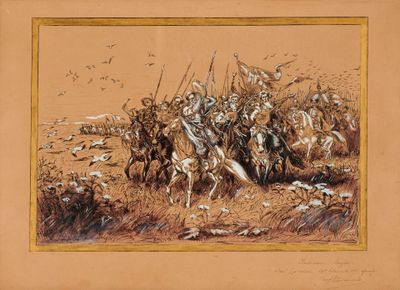 une peinture représentant un groupe d'hommes à cheval