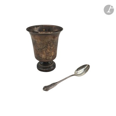 a silver spoon and a silver cup on a white background