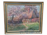 une peinture à l'huile représentant une maison au toit de chaume avec un chien dans la cour