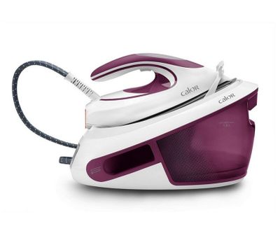 un fer à repasser à vapeur blanc et violet posé sur un plan de travail blanc