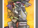 an abstract painting of a man with a flower in his hair