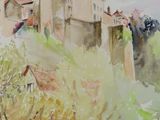a watercolor painting of a house by the river
