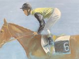 a painting of a jockey riding a horse on a track