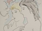drawing of a woman and a man looking at each other with a cupid in the sky above them