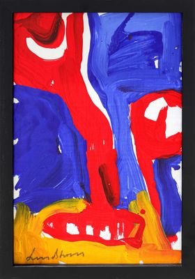 painting of a red, blue and yellow abstract painting with a black frame