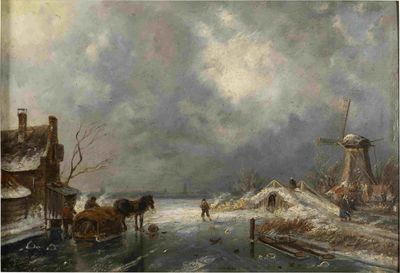 CHARLES LEICKERT (1816-1907) Winter landscape with skaters s…
