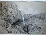 un vieux dessin représentant un homme debout au sommet d'une montagne, près d'une cascade