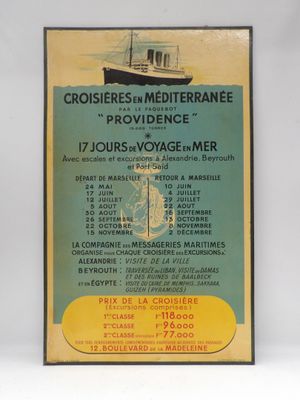 une vieille affiche présentant un bateau de croisière sur l'eau