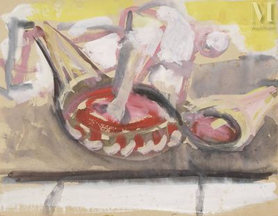 une peinture représentant un bol de nourriture sur une table