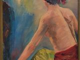 a painting of a woman sitting in front of a mirror