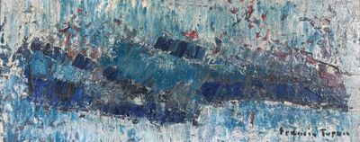 une peinture à l'huile représentant un bateau sur un plan d'eau, avec le ciel en arrière-plan