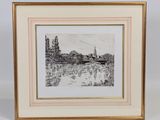 a black and white drawing of a bridge over a body of water
