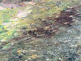 an oil painting of a man riding a bike down a dirt road