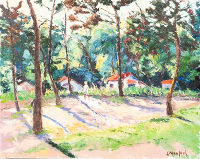 painting of a country road in the woods with houses in the distance
