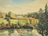 un tableau représentant une rivière avec des arbres au premier plan