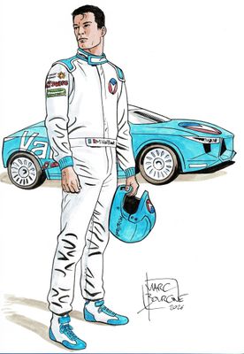 dessin représentant un homme en combinaison de course et casque, debout à côté d'une voiture de sport