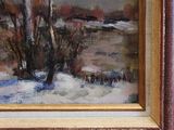an oil painting of a snowy landscape with trees in the foreground