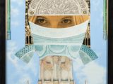 painting of a woman with a veil on her head in front of a building