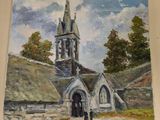 a painting of a church with a steeple on it