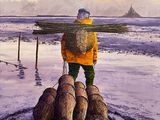 a painting of a man standing on a pile of logs
