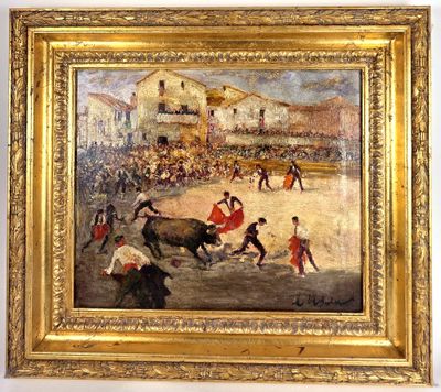 an oil painting of a bullfight scene with a bull chasing a bull