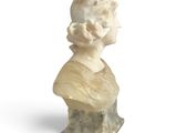 marble bust of a woman in a dress on a white background