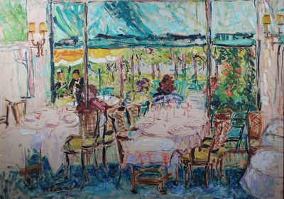 an oil painting of a restaurant with tables and chairs in front of a large window