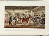 an old book with a drawing of a horse being led by a group of people