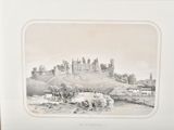 painting of a castle on a hill with a river in the foreground