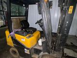 a yellow forklift truck parked in a garage