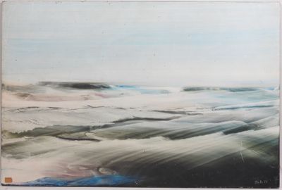 an oil painting of a beach scene with waves coming in to shore