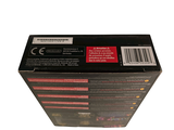 a black box with a red and white label on it