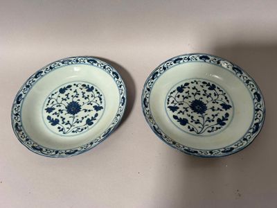 paire d'assiettes bleues et blanches à motifs floraux