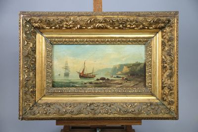 an oil painting of a boat in a body of water on a wooden easel