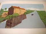 a picture of a painting of a house on the side of a river